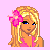 Pixel art contact sheet showing three frames of an animated icon featuring a blonde character with pink flower accessory, cropped torso in pink top and blue jeans, and blue pants on pink background above yellow text panel reading 'Blonder Have Do FUN! More'
