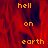 Red background with orange text reading 'hell on earth' in four repeated sections, one section partially obscured by a gray rectangle.