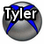 A spherical silver icon with a blue X symbol, displaying sequential text: 'Tyler', 'is the', 'best!' in white bold font with black outlines.
