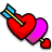 Pixelated red heart pierced by blue-tipped arrow with yellow fletching, accompanied by pink crescent and small red heart on white background.