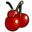 Pixelated image of three red cherries with green stems and black tips, each cherry has a white highlight.