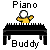 Pixelated character in yellow shirt plays piano with white keys, gray background, text 'Buddy' and 'Piano' below the instrument.