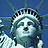Static pixelated image of the Statue of Liberty's head and crown against a blue background, rendered in low-resolution with visible dithering and color banding.