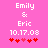 Pixelated pink background with white text "Emily & Eric 10.17.08" and five red heart symbols below, two variations of heart colors displayed.