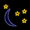 A pixelated animation of a dark blue crescent moon and yellow stars on a black background, with the star count changing across frames.