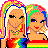 Pixelated cartoon image of two women with rainbow hair and clothing, featuring text "best friends forever" and a logo for BuddyPutty.com in a 2x2 contact sheet layout.