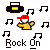 Pixel art icon with gray background showing a character in yellow shirt and red cap, black music notes, and 'Rock On' text below.