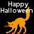 Animated orange cat with arched back and raised tail appears in three positions against black background, each displaying 'Happy Halloween' text above.