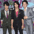 Animated icon featuring three figures in suits on a blurred background, transitioning to silhouettes with earphones against colored backgrounds and text.