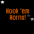 Orange text 'Hook 'em Horns!' on black background with white and gray stars in pixelated animation.
