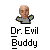 Pixelated icon of a bald man in gray clothing with text "Dr. Evil Buddy" below, displayed across three on a light gray background