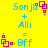 Yellow background with blue text and pink pixel art symbols showing 'Sonja + Ali = Bff' in two identical vertical sequences.