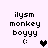 Pixelated text 'ilysm monkey boyyy :(' with a heart symbol changing from black to gray on a light purple background.