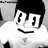 Pixelated black-and-white cartoon character with short dark hair, large eyes, and a small smile on a white background.