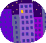 Animated sequence showing a cartoon character at a computer with cityscape background, transitioning between windowed and full-screen views.