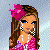 Pixelated cartoon character with pink floral hair accessory, pearl necklace, and hoop earrings in top-left frame; partial torso view of same character in top-right frame showing crop-top and blue pants; bottom-left frame displays 'hott stuff' text on blue background.