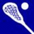 Two white lacrosse sticks with mesh nets and a white ball on a solid blue background, displayed side-by-side.