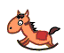 Animated cartoon horse rocking on a saddle with changing pose across frames, orange body, red saddle pad, black mane and tail, white eyes with black pupils, brown rockers.