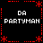Pixelated black background with red dotted border and asterisk accents, displaying 'DA PARTYMAN' text in white block letters arranged in a pattern