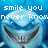 Pixelated blue background with two identical cartoon shark faces showing wide grinning expressions, overlaid with white pixelated text reading "smile you who might never know be looking".