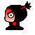 Pixelated character with black hair, red accents, and a single large eye, shown in two side-by-side poses with differing head angles.