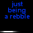 Blue pixelated text 'just being a rebble' on black background with horizontal white gradient bars, animated across two