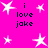 Bright pink background with white star shapes and repeated text "i love jake" in dark blue pixelated font.