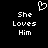 Pixelated white text and heart symbol on black background, with identical left and right sections displaying 'She Loves Him' vertically.