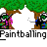 Animated paintballing scene featuring pixelated characters with green helmets and black guns, set against a backdrop of brown trees with green foliage, displayed in a 4x3 contact sheet format with repeated "Paintballing" text below each frame.