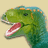 Pixelated green dinosaur head with open mouth showing teeth and tongue, set against a beige background.