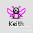 Pixel art icon of a pink-winged figure with black outline, white face, and pink body, labeled 'Keith' beneath, on light gray background.