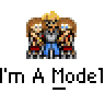 Pixel art contact sheet showing two frames of an animated buddy icon with a central character flanked by two women, one frame featuring a speech bubble and the other not.