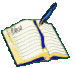 Open notebook with lined pages and blue pen resting on top, displayed in a of identical icons against gray background