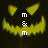 Yellow pixelated pumpkin face with triangular eyes and jagged mouth, white text 'm & m' vertically centered on dark background.