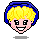 Pixel art of a character with blue and yellow hair, pink cheeks, black eyes, white teeth, and a smiling expression above a yellow rabbit-like creature on gray background.