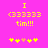 Yellow pixelated text and symbols on a bright pink background with two variations of flower-like shapes at the bottom.