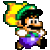 Pixelated character with green hat, yellow flame-like top, purple pants, white sleeves, brown shoes, and black mustache holding a glowing object.