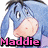 Blue donkey with long ears and pink nose, wearing purple clothing, with pink text reading 'Maddie' below.