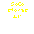 Four display yellow pixelated text 'SoCo storms #11' on white, purple, blue, and light purple backgrounds