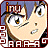 Pixelated anime-style character face with blue hair and brown eyes, displayed in a of three views showing different head angles