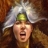 A pixelated close-up of a person with a wide-open mouth, wearing a green headband and a large white hat with a brown background.