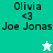 Pixelated text displays 'Olivia <3 Joe Jonas' with a white star on teal background and a green star on white background.
