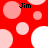 Red background with pink and white circles; four instances of the name "Jim" in black text positioned around the image.
