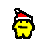 Pixelated yellow character with black outline wearing red and white Santa hat, standing against gray background.
