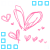 Pixelated pink bunny ears with scattered hearts and small heart fragments on white background, surrounded by colored square frames.