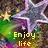 A pixelated image with a large silver star, smaller yellow stars, and green background elements. Yellow text reads 'Enjoy life' on the left side.
