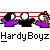 Animated pixel art sequence showing a character in a boxing ring with changing poses and expressions, text reading "HardyBoyz" and "Ohh..." visible.