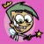 A 2x2 contact sheet of a cartoon character with green hair and glasses holding a wand, surrounded by pink text reading "floaty," "crowny," and "things" on a white background.
