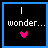 pixelated icons with black backgrounds, blue borders, and pink heart or square symbols beneath text phrases like "I wonder..." and "About ME."