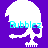 Pixelated skull with white hair and cyan text 'Bubblez' on a purple background, transitioning to light purple hair on gray background.